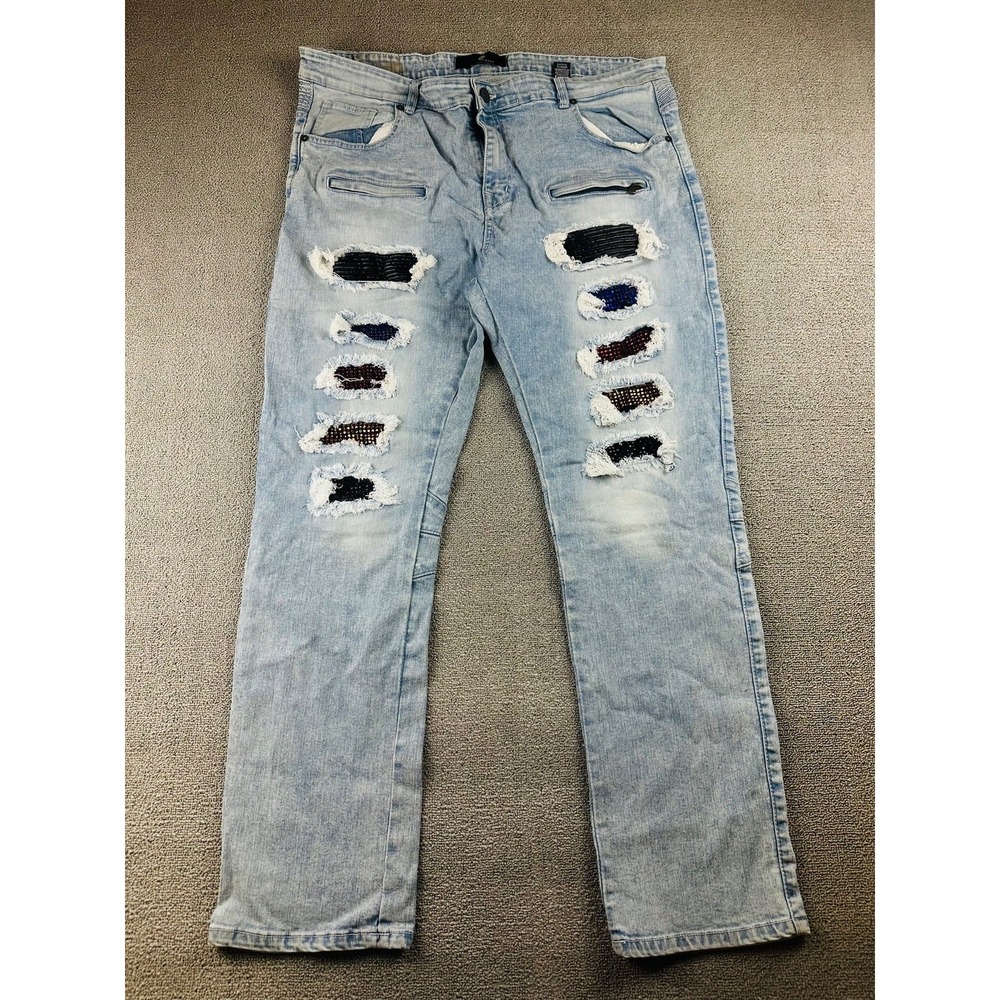Focus Jeans Men 44 Blue Slim Biker Moto Distressed‎ Patched Biker Moto Hip Hop